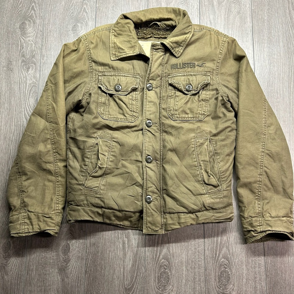 Hollister Mens Vintage Sherpa Lined Field Jacket Olive Green Canvas Medium